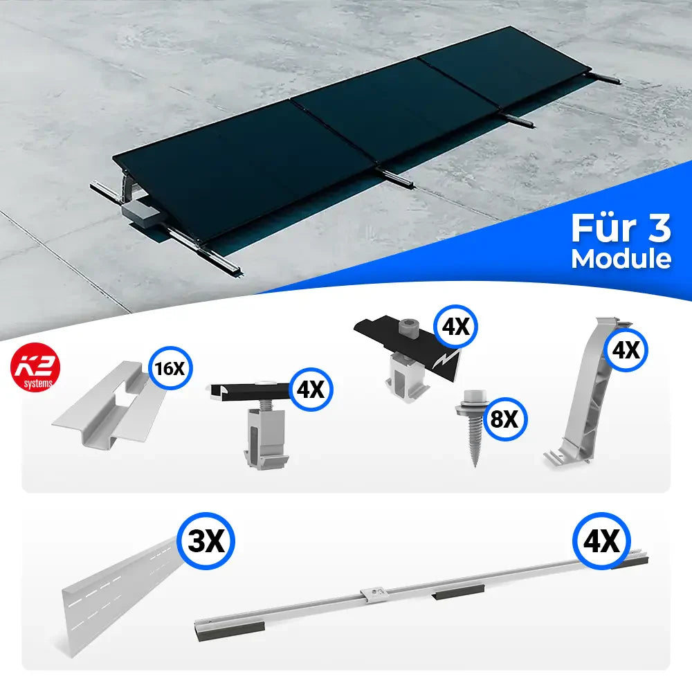 K2 Systems Flachdach S-Dome Montageset für 3 Module
