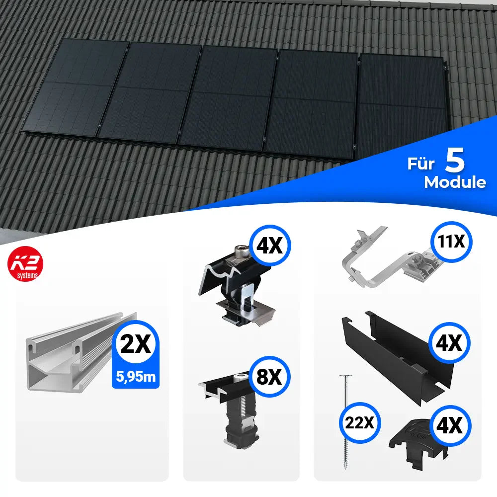 K2 Systems Schrägdach Montageset für 5 Solarmodule