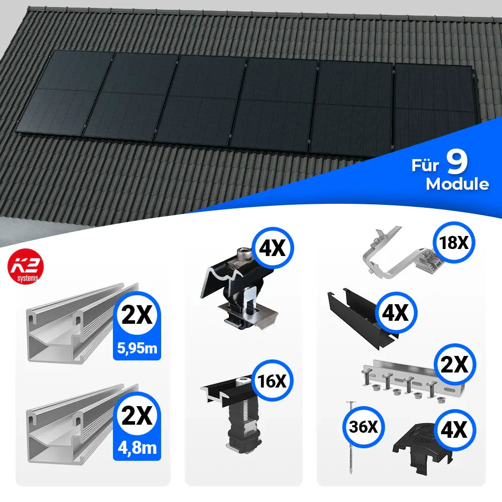 K2 Systems Schrägdach Montageset für 9 Solarmodule